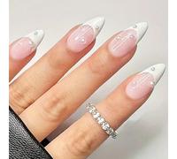 24 pièces ongles artificiels en forme d'amande bâton brillant pour la saint-valentin faux blanc pointe française appuyer dessus