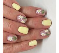 24 pièces ongles artificiels jaunes courts carrés couvertures complètes faux brillant bâton sur fleurs douces appuyer dessus