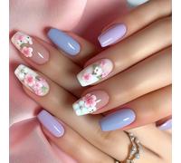 24 Pièces Ongles Artificiels Simples Forme Longue Couverture Complète Faux Brillant Bâton Sur Fleurs Appuyer Dessus