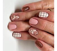 24 pièces ongles carrés courts en acrylique fleurs couvertures complètes coller sur des grilles rayées appuyer sur faux brillant