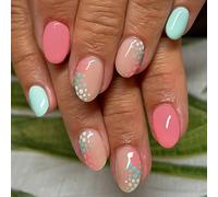 24 pièces Ongles courts ovales à clipser, couleurs vives et éclatantes, design minimaliste à pois, indispensables rafraîchissants pour l'été graphiqueABS,Gelée,Carborundum
