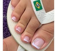24 pièces Ongles de pied carrés courts blancs à presser avec design de strass 3D, finition brillante, faux ongles de pied à couverture intégrale convenant aux femmes et aux filles - comprend une lime 