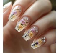 24 pièces Ongles en forme de cercueil avec perles style Y2K, pointe acrylique sensible à la pression, motif rayé floral dégradé rose, décoration de strass de luxe, réutilisable, convient aux femmes, d