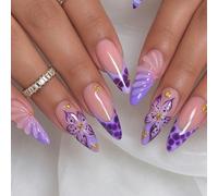 24 pièces Ongles faux à coller en forme d'amande Y2K 3D Gel Fleur Perles dorées Étoile Coquillage Rayures Violette French Couverture complète Set d'ongles artificiels avec colle gelée et mini lime à o