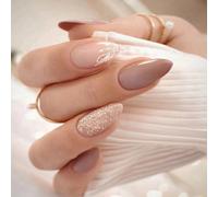 24 pièces Ongles faux en forme d'amande à peinture pailletée élégante et simple avec feuilles colorées, conviennent aux étudiants, travailleurs de bureau, fournitures d'ongles pour un port quotidien B