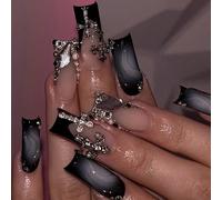 24 pièces Ongles gothiques Y2K de forme carrée moyenne, ongles faux brillants éclair, ongles français noirs faux, ongles 3D, ongles croix, fournitures pour ongles Blocs de couleur,Géométrique,Unicolor