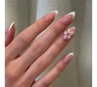 24 pièces Ongles longs en forme d'amande 3D en gel avec décoration de perles, faux ongles à presser français, comprend 1 adhésif double face et 1 lime à ongles, ongles d'été ABS,Gelée,Carborundum