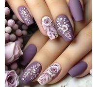 24 pièces Ongles longs en forme de ballet, design 3D en relief floral et feuillage ton violet chaud, finition mate, ensemble manucure détachable à couverture intégrale, convient pour les fêtes, les ba