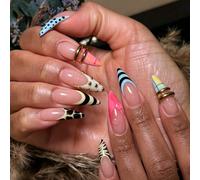24 pièces Ongles longs pointus à porter Autocollants d'ongles 3D Patchs de manucure française Bordure française Motif pois & imprimé vache Haute brillance Couverture complète Convient aux femmes et au