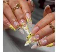 24 pièces Ongles longs pointus en dentelle jaune crème, base nude transparente, dégradé jaune crème style français, ambiance luxe douce, faux ongles graphiqueABS,Gelée,Carborundum