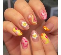 24 Pièces Ongles Ronds Mignons avec Motifs Vagues Multicolores, Tournesol et Visage Sourire, Style Européen, Tenue Longue Durée et Amovibles