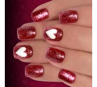 24 Pièces Paillettes Presses Sur Les Ongles Courts Carrés Faux Ongles Valentine Coeur Flamme Conception Non Toxique ABS Mat Conseils Réutilisables Pour Un Usage Quotidien Tenue De Fête Faux Ongles
