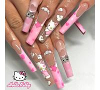 24 pièces Patch d'ongles longs en forme de cercueil avec motif rose amour mignon, ongles Hello chat 3D, strass roses éclair 3D. Convient pour le port quotidien et les sorties des femmes. (Avec : 1 piè