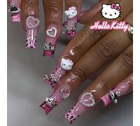 24 pièces Patch d'ongles longs en forme de cercueil, série Sanrio, motifs léopard rose, crocodile français, mignon Hello chat, pendentif étoile d'amour en métal 3D argenté, perle blanche fausse, stras
