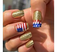 24 Pièces Pointe Française Ongles Artificiels Jour De L'indépendance Bâton Sur Faux Court 4 Juillet Appuyer Sur