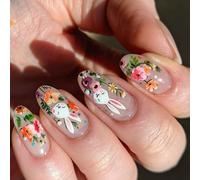 24 Pièces Presse D'amande Sur Les Clous Couvertures Pleines De Pâques Stick Avec Des Conceptions De Fleurs Brillantes Fausses Pour Les Femmes Ongles Acryliques