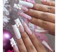 24 Pièces Presse De Noël Sur Les Ongles Français Faux Nails Snowflake Bows Designs Long Square Acrylique Artificiel Nail Decoration