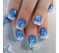 24 pièces presse de Noël sur ongles faux ongles flocons de neige blancs couverture complète coller sur bleu scintillant flocon de neige artificiel code complet Noël fausse presse courte