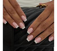 24 Pièces Presse française blanche sur les ongles,Faux ongles roses brillants carrés faux ongles couverture complète bâton sur les ongles pour les femmes et les filles vêtements quotidiens