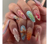 24 pièces presse sur ongles amande faux ongles couverture complète acrylique français artificiel avec des dessins de coquillages de mer 3D pour les femmes accessoires à la mode