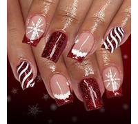 24 Pièces Presse Sur Ongles Festival Paillettes Noël Français Pointe Rayures Conception Application Facile Lumière ABS Construire Ongles