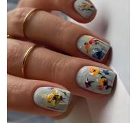 24 pièces printemps ongles artificiels courts carrés couvertures complètes faux bâton réutilisable sur fleurs 3D appuyer dessus