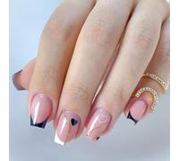 24 Pièces Saint-Valentin Faux Ongles French Court Carrés, Coeur d'amour Noir Press on Nails, Ballerine Acrylique Rose Ongles à Presser Artificiels Square Faux Ongles à Coller pour Femmes et Filles