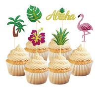 24 pièces Scintillantes Tropical Décoration Gâteau Anniversaire, Flamant Rose Cupcake Toppers, Aloha Cake Topper Ananas Décoration pour Hawaii Aloha Luau Décoration de Fête d'été (Aloha Vert)