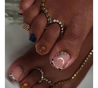 24 pièces/Set Autocollants pour ongles de pieds Y2K carrés moyens 3D gel or style français, avec perles dorées, strass et motif vache, ongles acryliques faux à couverture complète, convient pour le tr