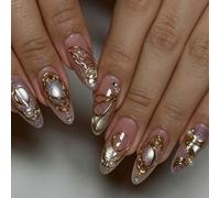 24 pièces/set Faux ongles à capuchon complet de style océanique élégant en forme d'amande avec papillon doré 3D stéréoscopique, perle d'œil de chat violet rêveur et décoration de strass. Comprend 1 pi