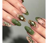 24 pièces/set Faux ongles verts en forme d'amande avec pierres précieuses œil de chat dorées et décoration de strass. Comprend 1 pièce de gel de gelée et 1 lime à ongles. Ajoute une touche romantique 