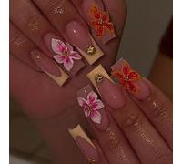 24 pièces/set Ongles à clipser décorés de fleurs oranges 3D, d'étoiles de mer et de coquillages, accessoires de nail art de luxe pour l'été, idéal pour le port quotidien des filles/femmes, fournitures