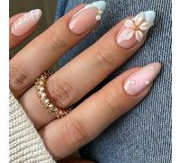 24 pièces/set Ongles à clipser en forme d'amande 3D avec motifs océaniques et floraux, avec des teintes bleu et blanc tie-dye, des décorations de perles 3D à effet vague, convient pour un usage quotid