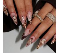 24 pièces/set Ongles à clipser en forme d'amande avec fleurs 3D, motif léopard marron dégradé et ondulations élégantes. Comprend vernis gel et lime à ongles. Convient pour les filles/femmes pour un us