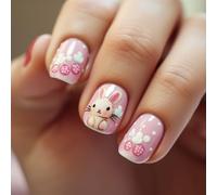 24 Pieces Short Square Press On Nails With Rabbits Designs False Full Covers Stick On For Fashion Women Fashionable Nail Designs