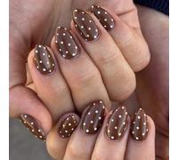24 pièces Stickers à ongles marron, motif à pois blancs, set d'art pour ongles en forme d'amande courte, comprend 1 feuille d'autocollants et 1 mini lime à ongles, convient pour un port quotidien. Fou