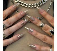 24 pièces Stickers d'ongles décoratifs en forme d'amande française dorée, style mécanique 3D stéréoscopique vague rétro personnalisé, style de rue punk minimaliste moderne. Élève instantanément votre 