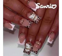 24 pièces Stickers d'ongles Hello chat - Décalcomanies 3D mignonnes Hello chat avec nœud léopard, convient aux ongles en acrylique, comprend 1 vernis gel et 1 lime à ongles, convient aux femmes et aux