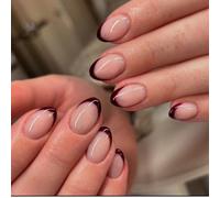 24 pièces Stickers d'ongles manucure française ovale bordeaux, faux ongles minimalistes à couverture intégrale, convient pour le port quotidien des femmes ABS,Gelée,Carborundum