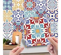 24 Pièces Stickers Muraux Autocollants pour Carrelage en Céramique et Marbre, Salle de Bains et Cuisine Stickers, Hiser Mosaïque Imperméables Auto-adhésifs Décoration (Rouge Bleu,15x15cm)