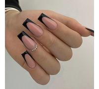 24 pièces Stickers pour manucure française noirs, forme rectangulaire avec décoration de strass, style minimaliste, couverture complète, convient pour les ongles portés au quotidien par les femmes et 