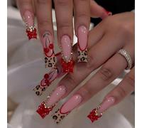 24 pièces Stickers pour manucure française, rectangulaires, avec design de lignes 3D, imprimé léopard, nœud rouge et strass, surface lisse, faux ongles couvrant complètement, convient pour le port quo