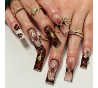 24 pièces Stickers pour manucure française, rectangulaires, décor floral et imprimé léopard 3D dégradé, accents en métal doré, taille XXL/XXXL, style élégant, surface lisse, faux ongles couvrant entiè