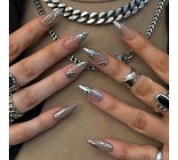 24 pièces Style Y2K Minimaliste Moderne Punk de Rue Personnalisé Rétro Mécanique 3D Vague Décorative Amande Française Argent Autocollants pour Ongles, Convient pour les Ongles des Femmes et des Filles
