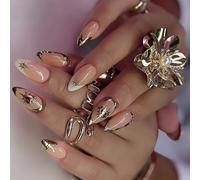 24 Pièces Styles Français Faux Ongles Amande Presse sur Or Rayé Acrylique 3D Couvertures Complètes à Coller pour Femmes Ongles d'Aspect Professionnel