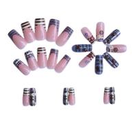 24 Pièces Vintage Style Français Rayures Presse Sur Ongles Dessin Animé Coccinelle Bouton Dessins Bleu Marron Plaid Faux Ongles Kit Manucure(Y1)