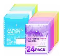 24 Pochettes Plastiques Perforées A4,6 Couleurs Pochette Classeur A4 Refermable avec Bouton Pression, Transparentes Porte-Document Classables avec 11 Bords Perforés pour étiquettes pour Classeur