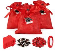 24 Sachet Jute Rouge Petite Pochette 50 Pendentifs Chapeau Graduation Métal 50 Confettis Coccinelles en Bois et Ruban Rouge Sac Faveur Décoration pour Emballage Cadeau de Graduation