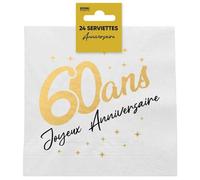 24 Serviettes de table pour anniversaire 60 ans en doré or métallique et blanc REF/STAM00OR06