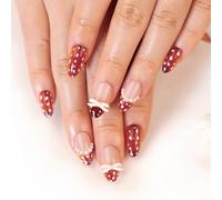 24 Stk Braun Press On Nails, Kurze Almond Fake Nails mit Polka Dot Schleife für Frauen, Mädchen, Anfänger für Alltag, Partys, Dekoration (Braun)